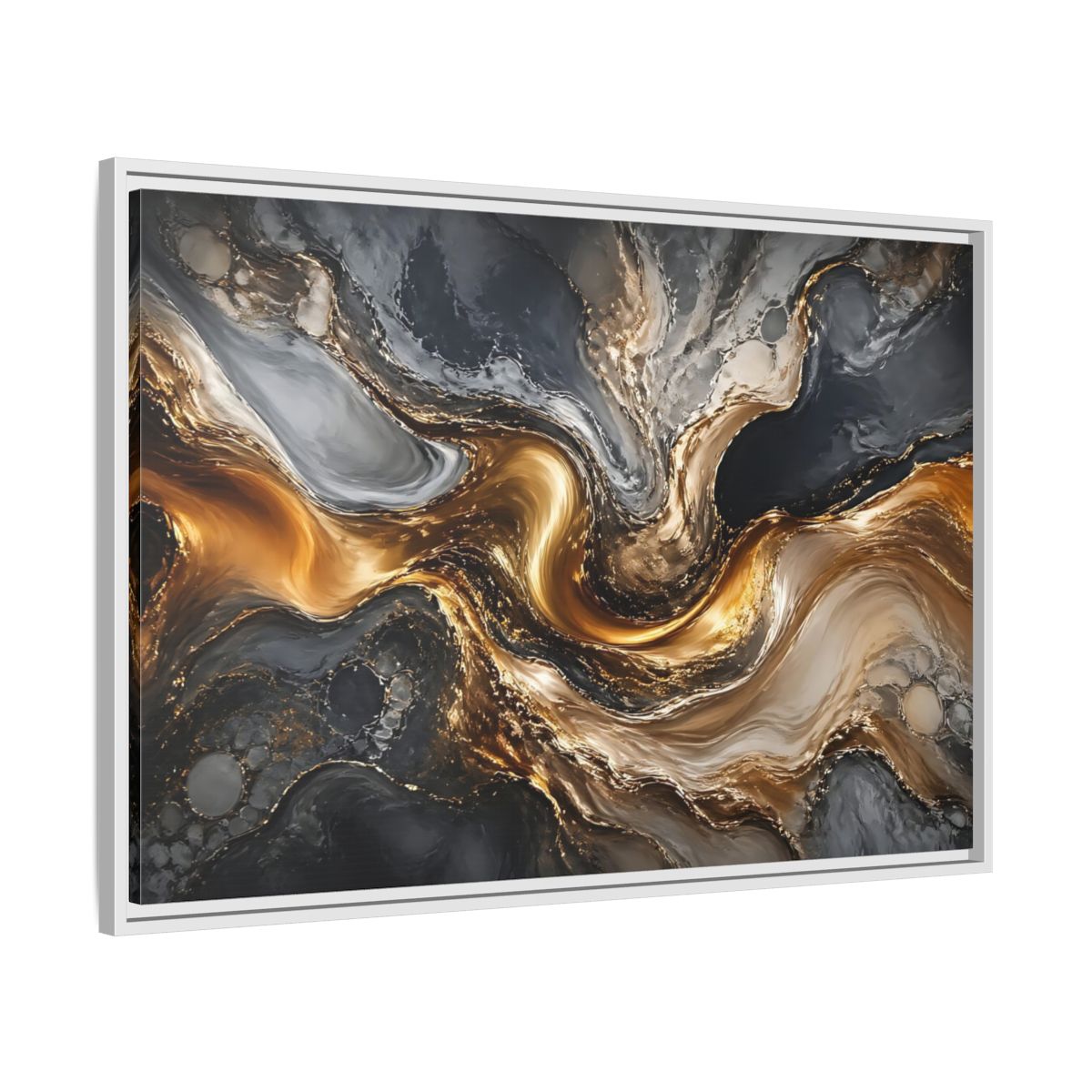 Side Mockup 9. Abstract Abstract Swirls Gold And Grey shown as stretched canvas wall art