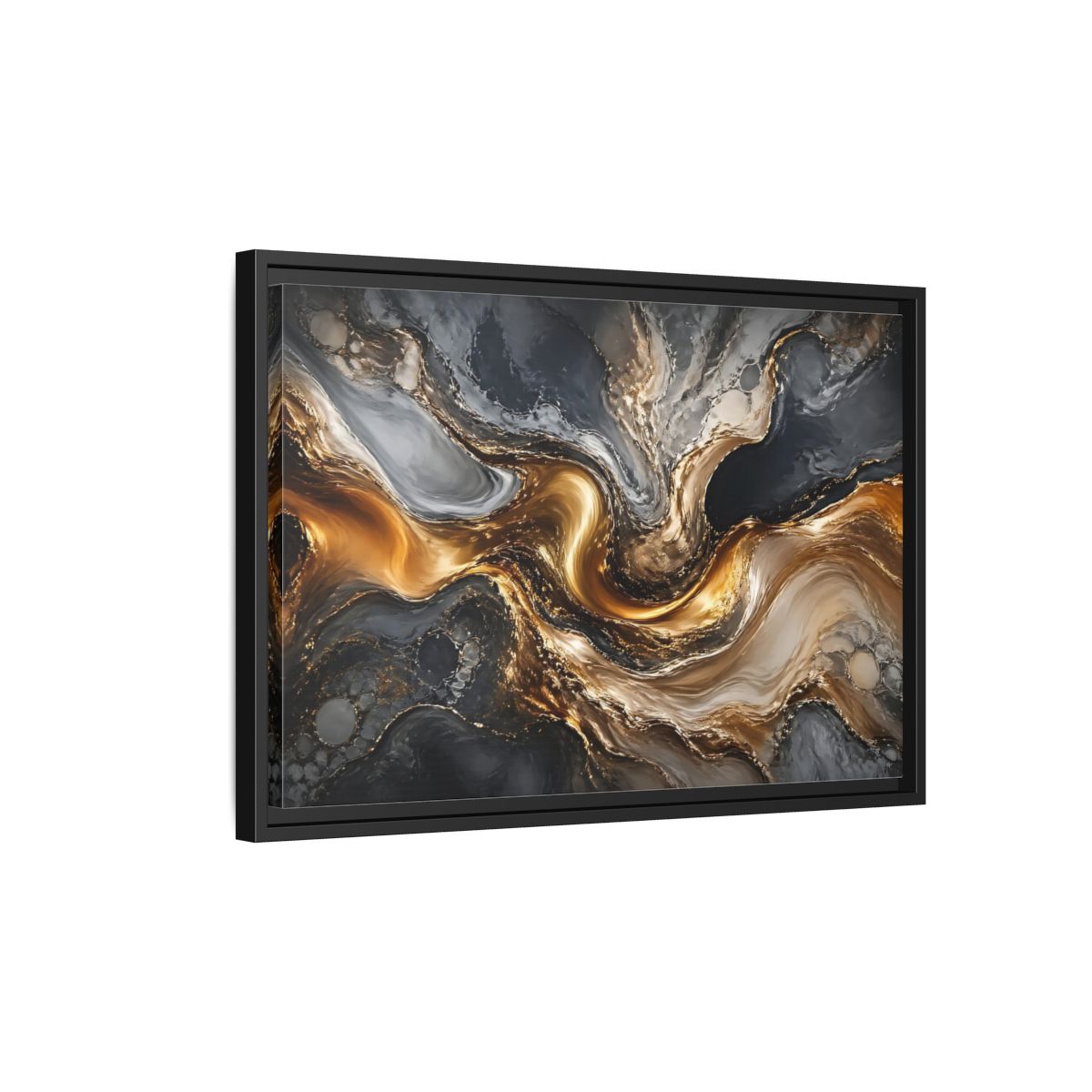 Side Mockup 3. Abstract Abstract Swirls Gold And Grey shown as stretched canvas wall art