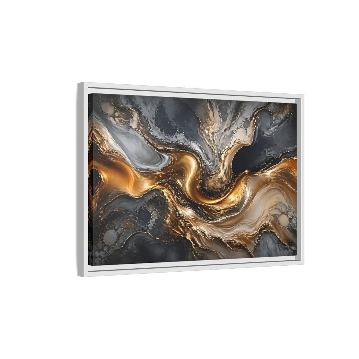 Side Mockup 1. Abstract Abstract Swirls Gold And Grey shown as stretched canvas wall art