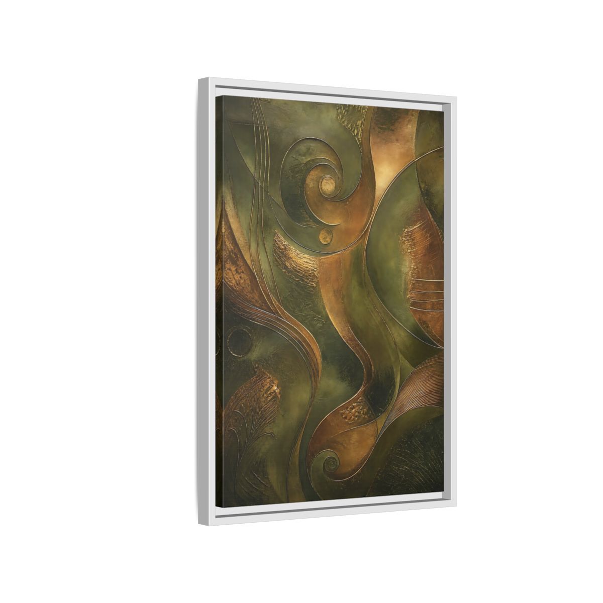 Side Mockup 1. Abstract Abstract Swirls Green And Gold Abstract shown as stretched canvas wall art