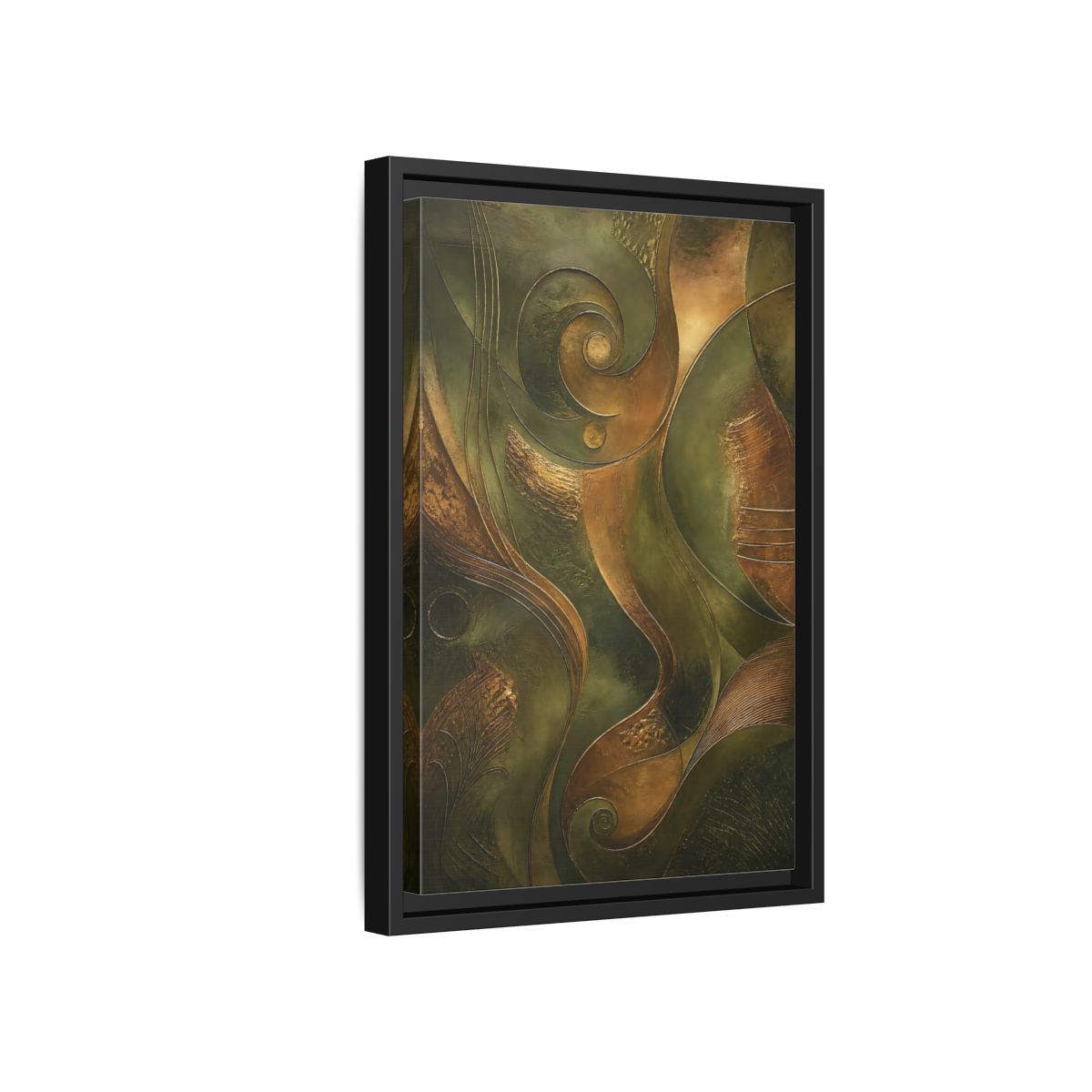 Side Mockup 6. Abstract Abstract Swirls Green And Gold Abstract shown as stretched canvas wall art