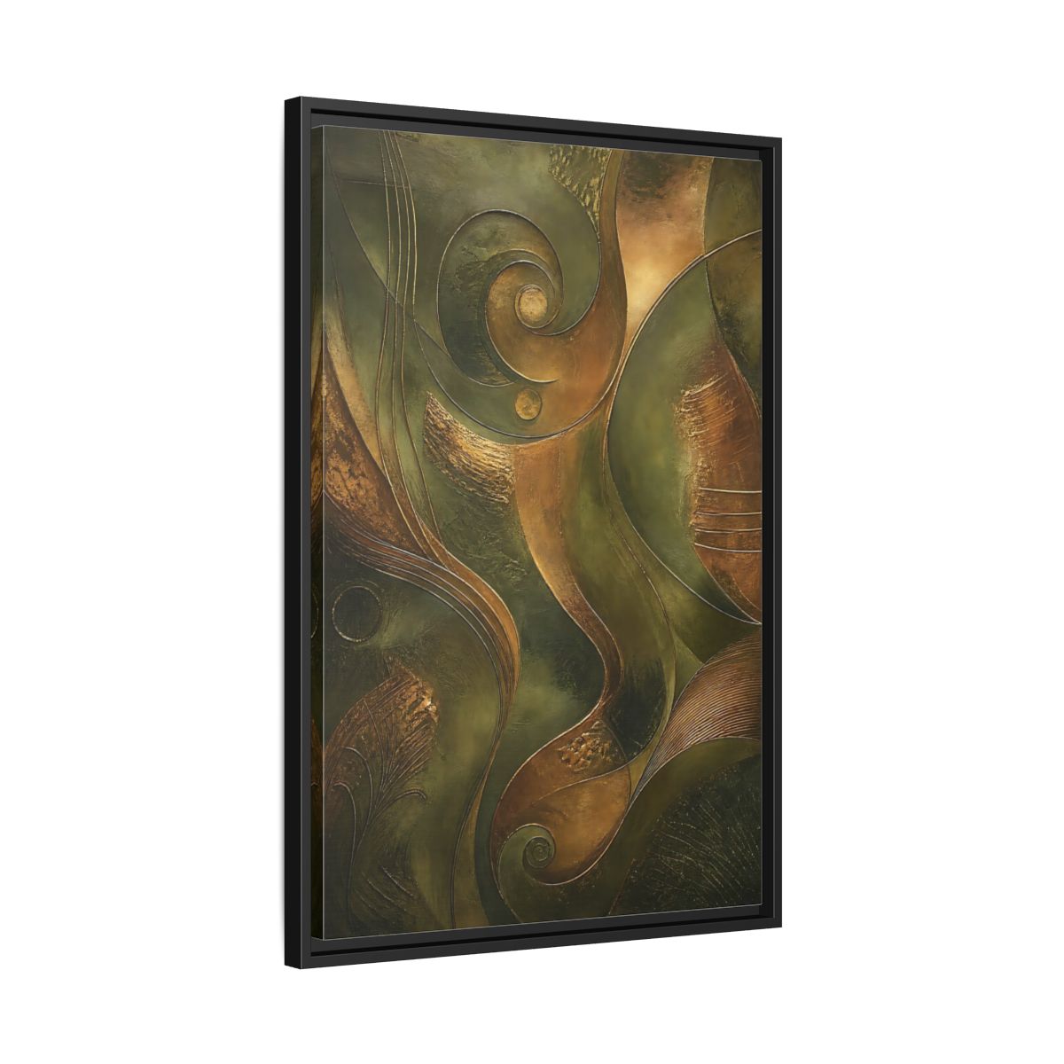 Side Mockup 14. Abstract Abstract Swirls Green And Gold Abstract shown as stretched canvas wall art