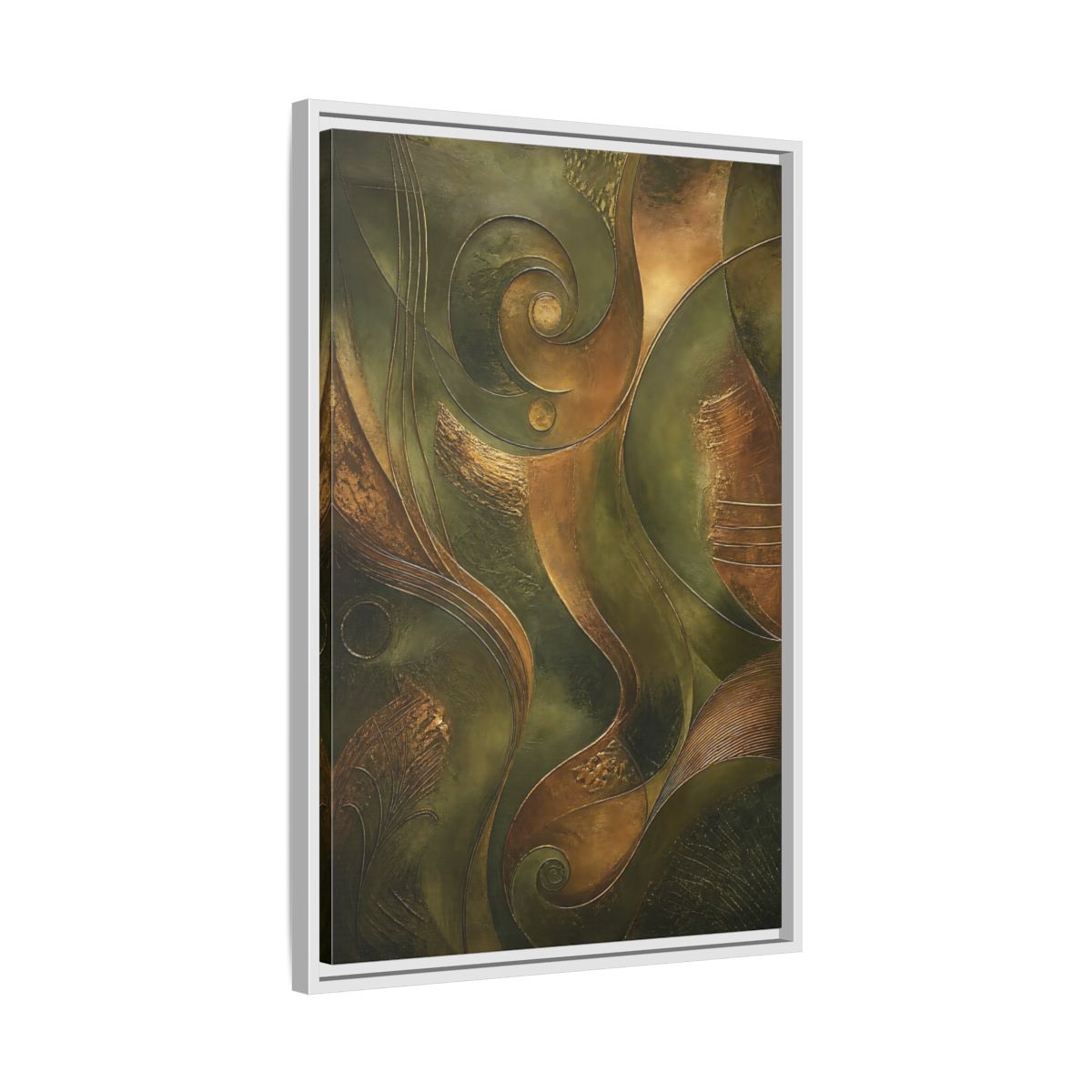 Side Mockup 10. Abstract Abstract Swirls Green And Gold Abstract shown as stretched canvas wall art