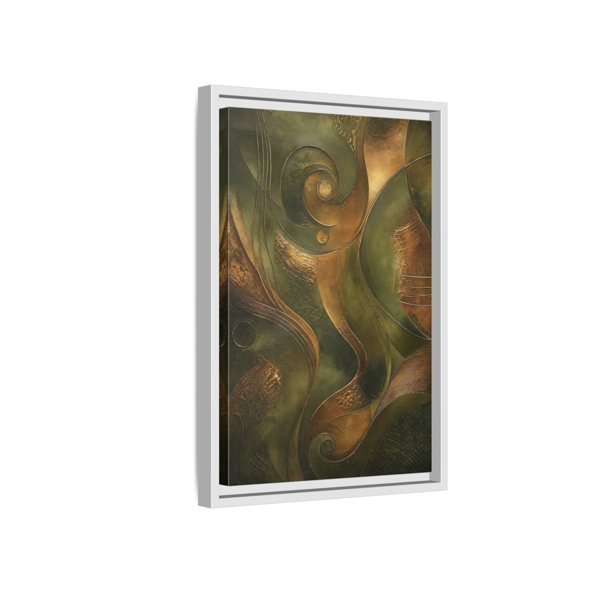Side Mockup 4. Abstract Abstract Swirls Green And Gold Abstract shown as stretched canvas wall art