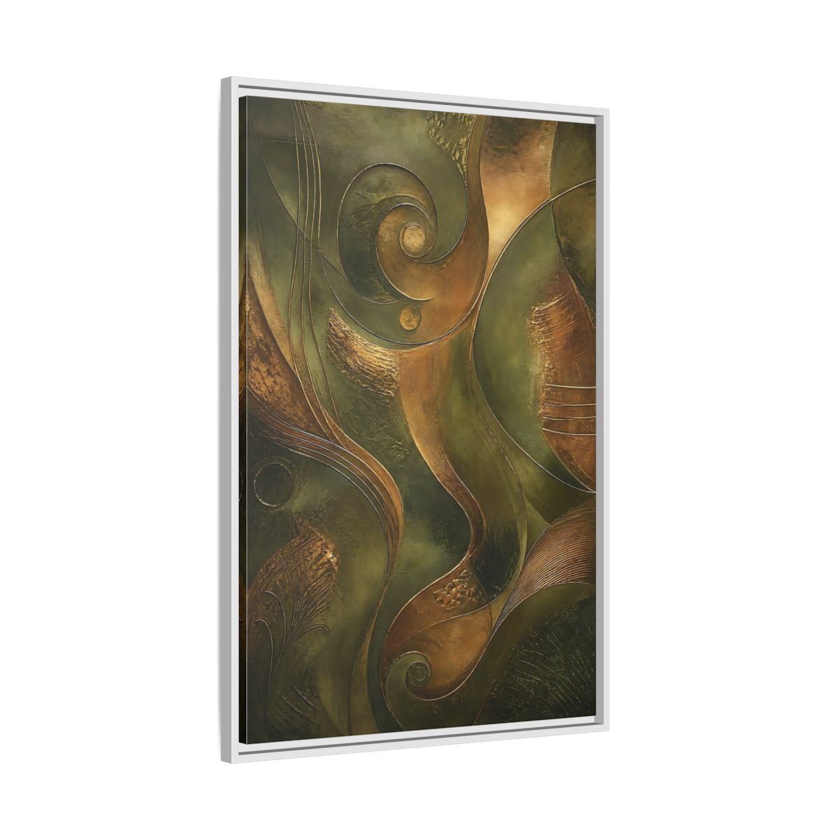 Side Mockup 9. Abstract Abstract Swirls Green And Gold Abstract shown as stretched canvas wall art