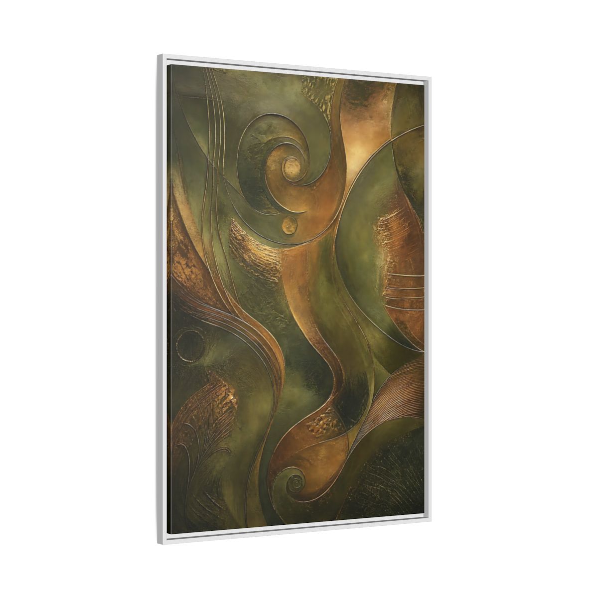 Side Mockup 7. Abstract Abstract Swirls Green And Gold Abstract shown as stretched canvas wall art