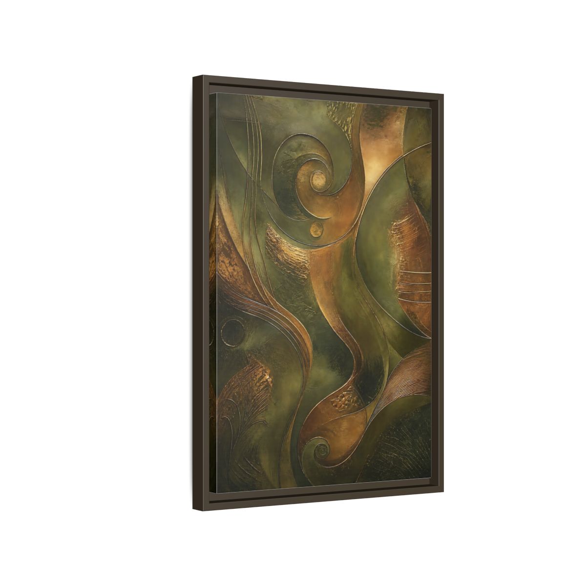 Side Mockup 2. Abstract Abstract Swirls Green And Gold Abstract shown as stretched canvas wall art