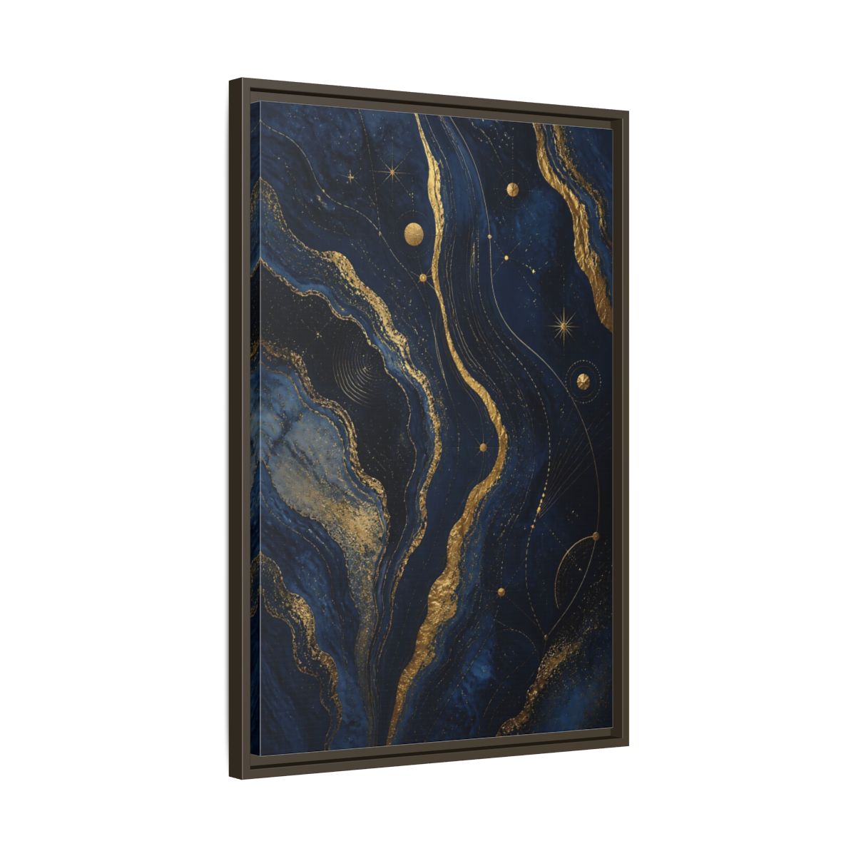 Side Mockup 11. Abstract Abstract Swirls Navy And Gold shown as stretched canvas wall art