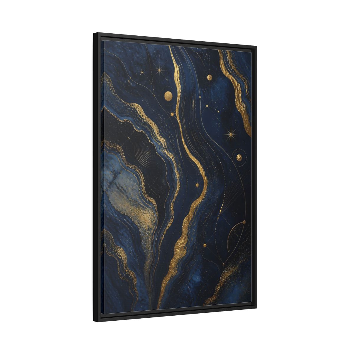 Side Mockup 13. Abstract Abstract Swirls Navy And Gold shown as stretched canvas wall art