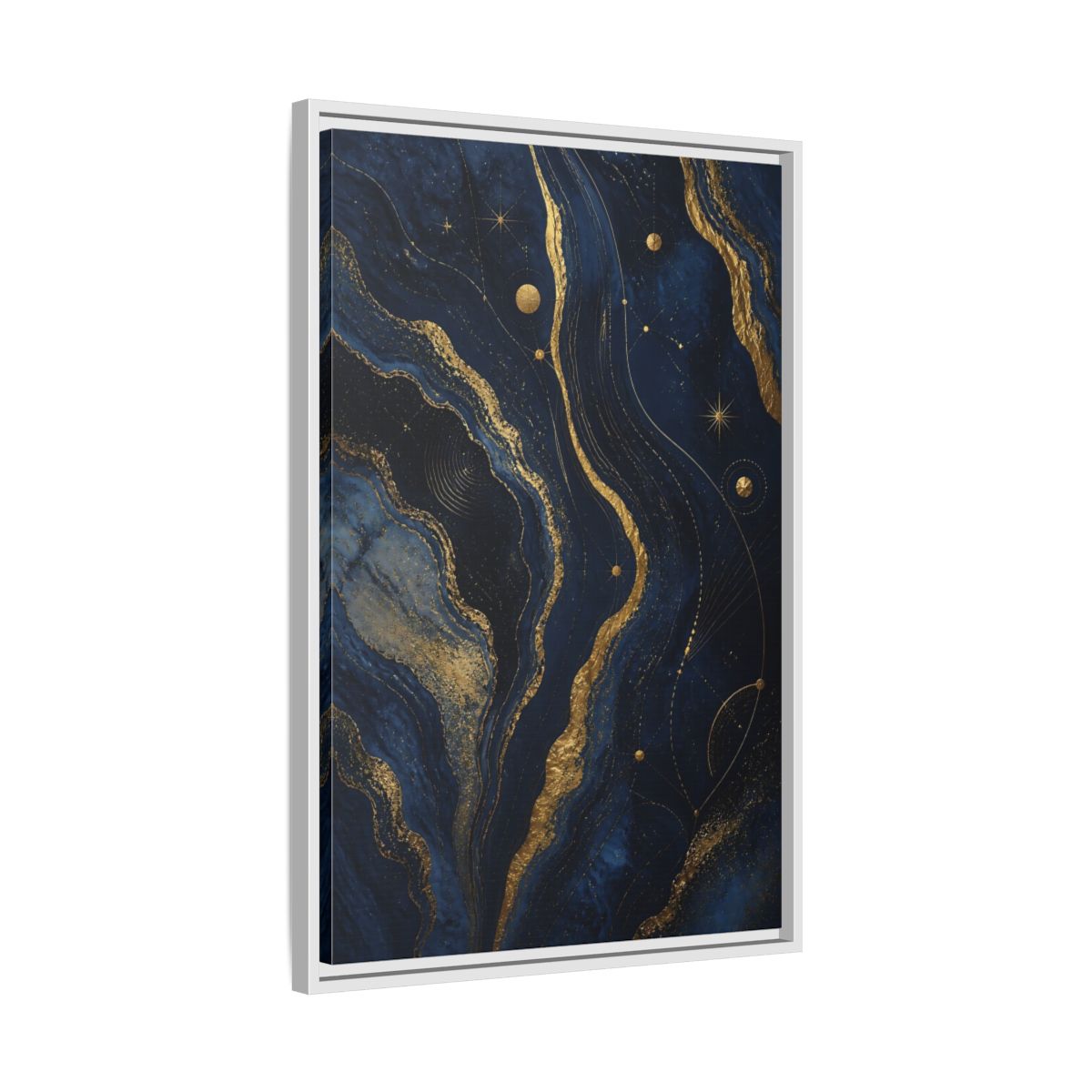 Side Mockup 10. Abstract Abstract Swirls Navy And Gold shown as stretched canvas wall art