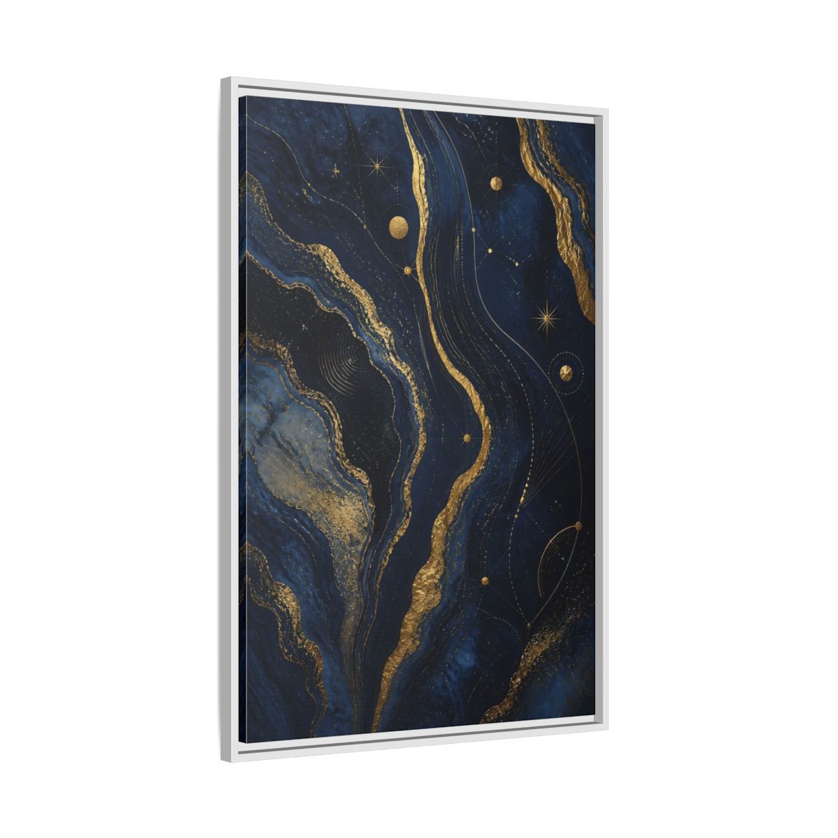 Side Mockup 9. Abstract Abstract Swirls Navy And Gold shown as stretched canvas wall art