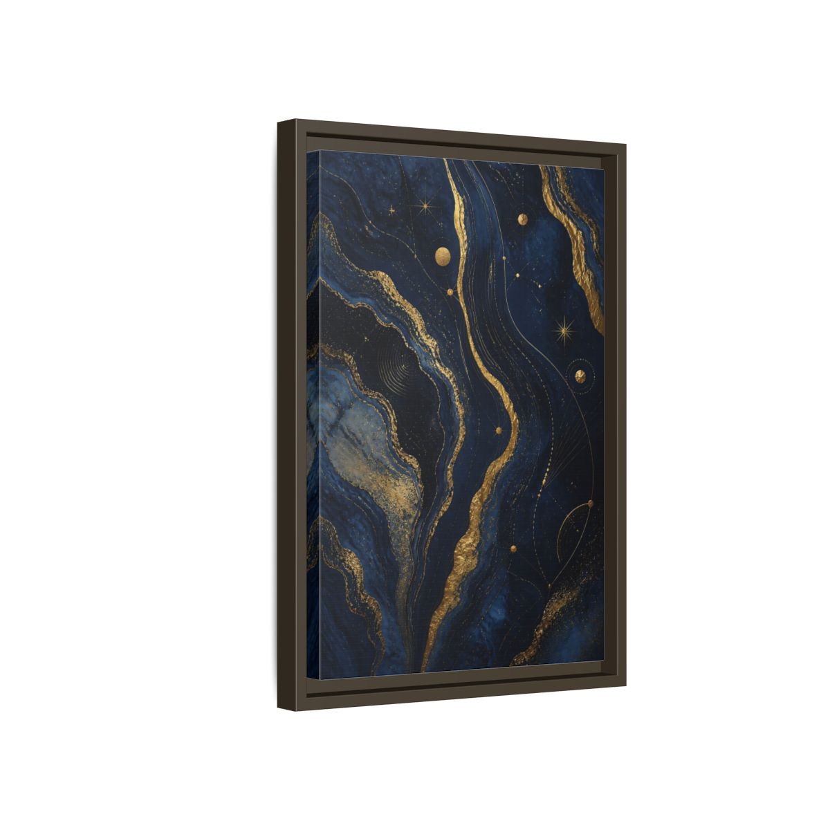 Side Mockup 5. Abstract Abstract Swirls Navy And Gold shown as stretched canvas wall art