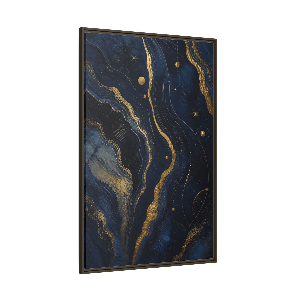 Side Mockup 8. Abstract Abstract Swirls Navy And Gold shown as stretched canvas wall art