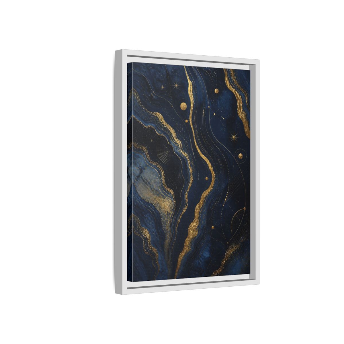 Side Mockup 4. Abstract Abstract Swirls Navy And Gold shown as stretched canvas wall art