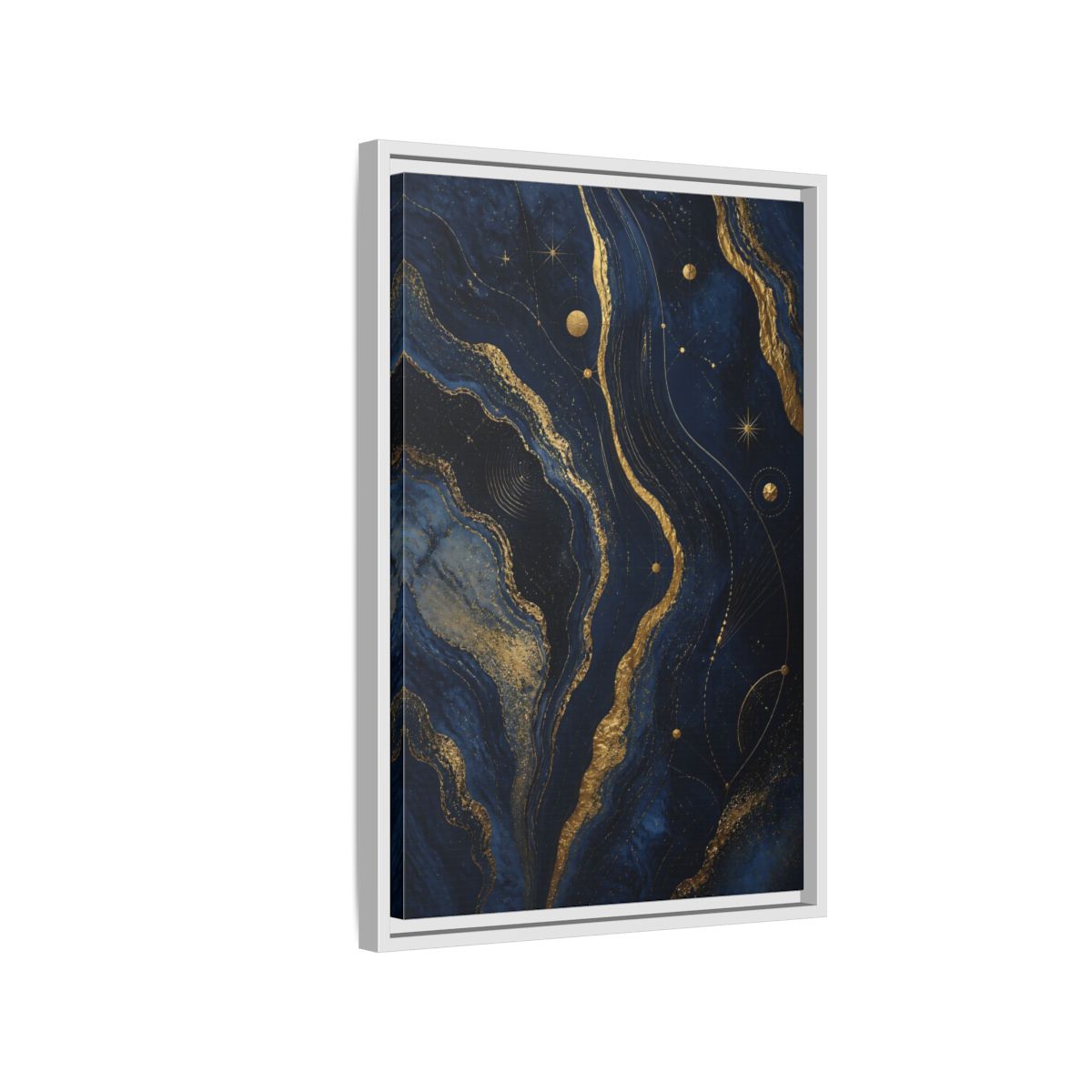 Side Mockup 1. Abstract Abstract Swirls Navy And Gold shown as stretched canvas wall art