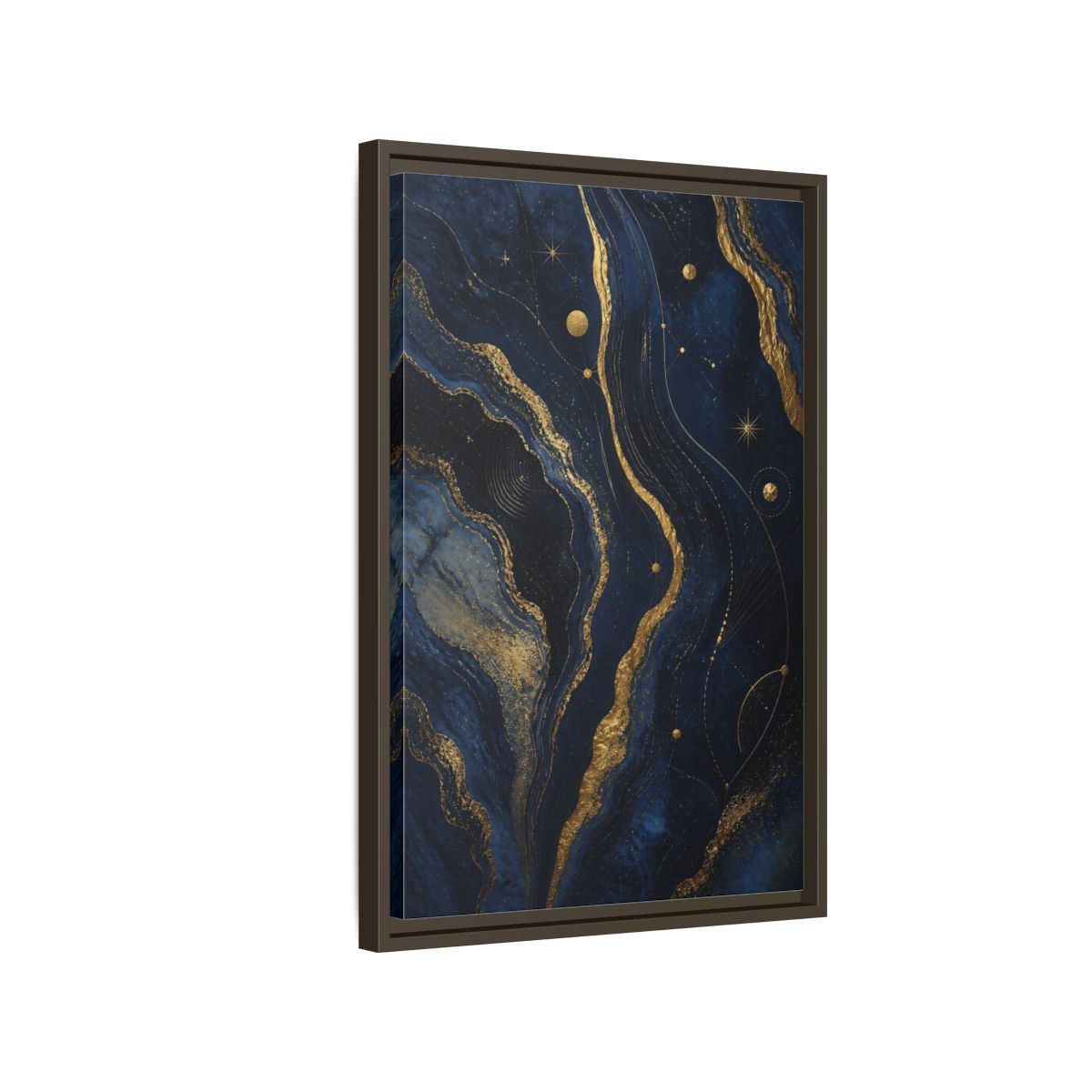 Side Mockup 2. Abstract Abstract Swirls Navy And Gold shown as stretched canvas wall art