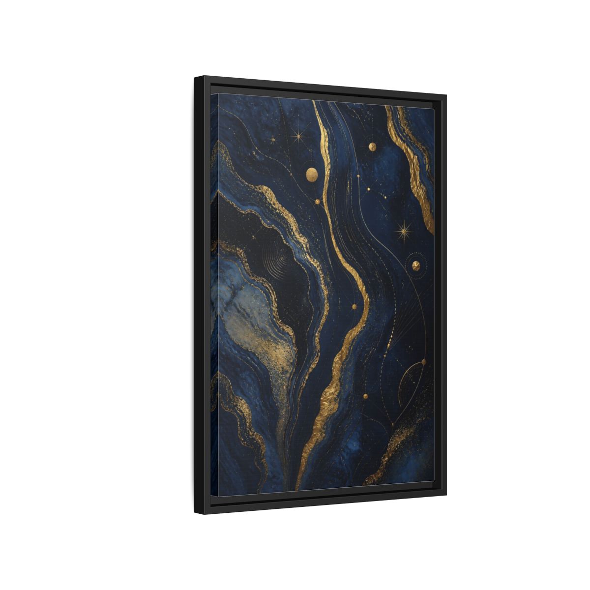 Side Mockup 3. Abstract Abstract Swirls Navy And Gold shown as stretched canvas wall art