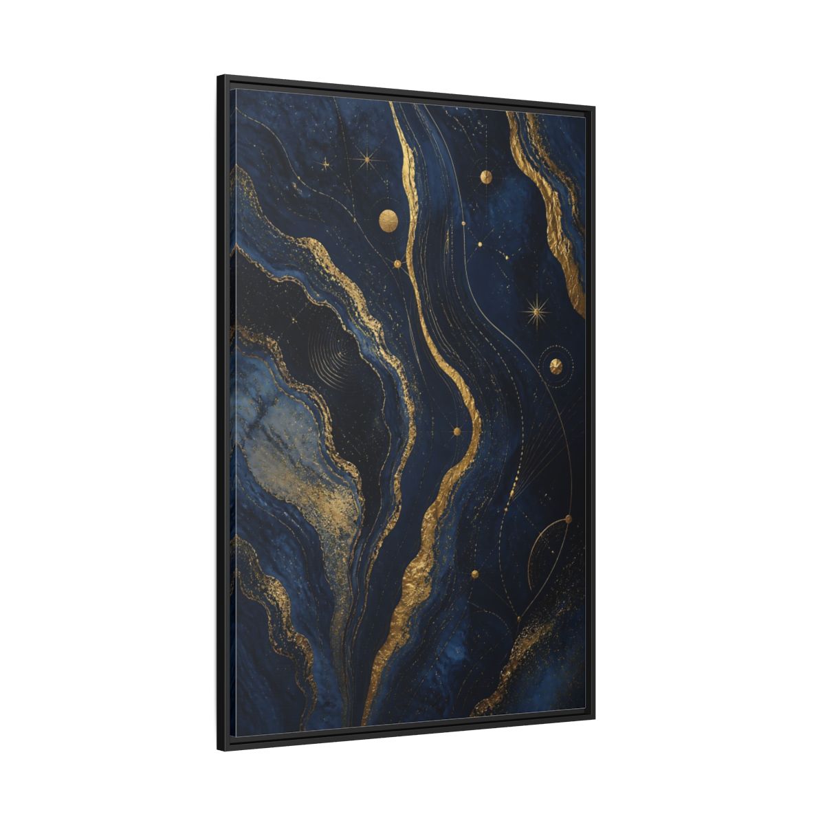 Side Mockup 12. Abstract Abstract Swirls Navy And Gold shown as stretched canvas wall art