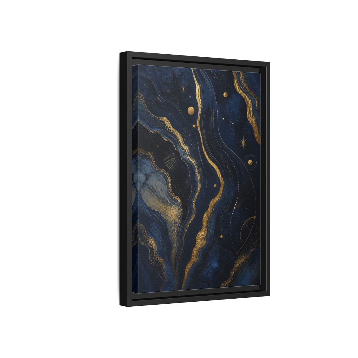Side Mockup 6. Abstract Abstract Swirls Navy And Gold shown as stretched canvas wall art