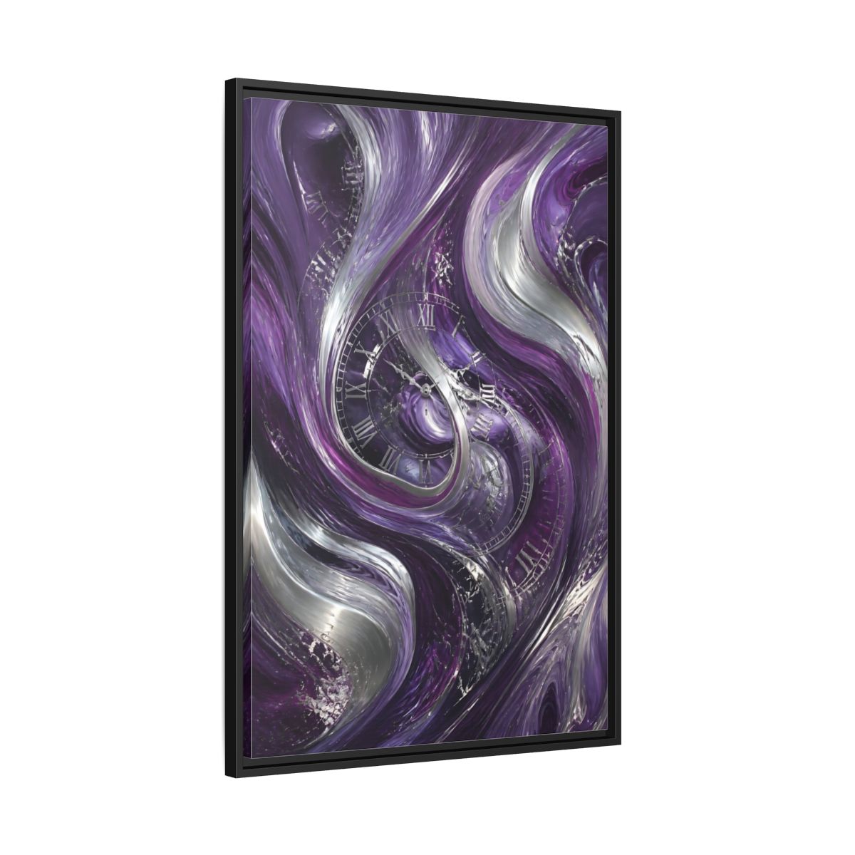 Side Mockup 13. Abstract Abstract Swirls Purple And Silver shown as stretched canvas wall art