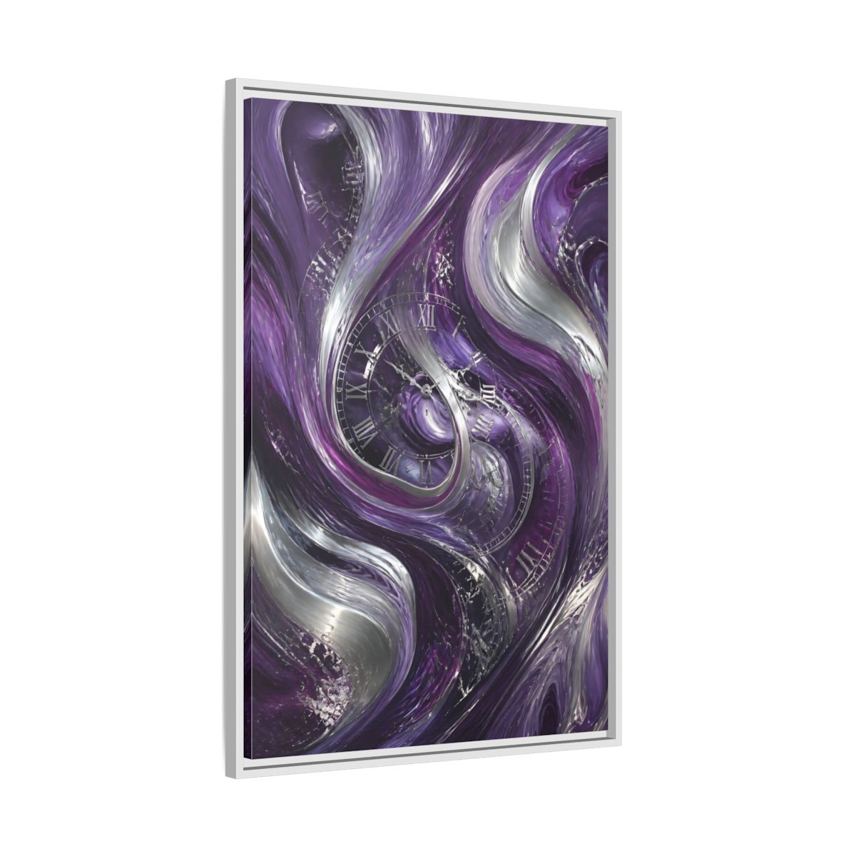 Side Mockup 9. Abstract Abstract Swirls Purple And Silver shown as stretched canvas wall art
