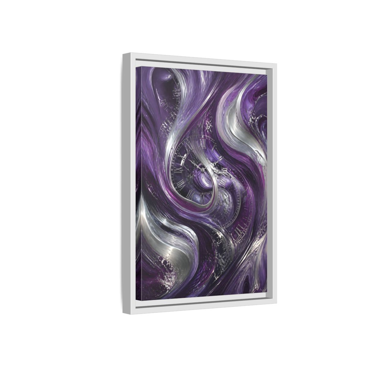 Side Mockup 4. Abstract Abstract Swirls Purple And Silver shown as stretched canvas wall art