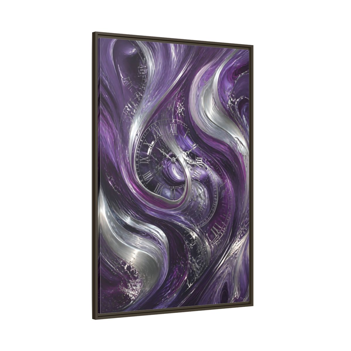 Side Mockup 8. Abstract Abstract Swirls Purple And Silver shown as stretched canvas wall art