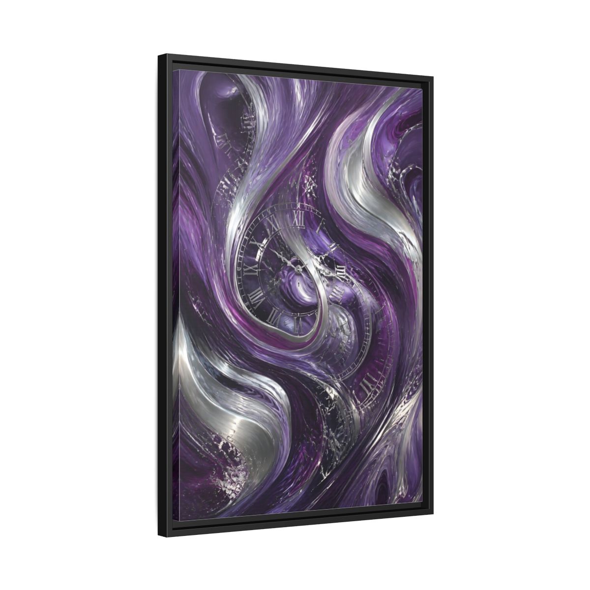Side Mockup 14. Abstract Abstract Swirls Purple And Silver shown as stretched canvas wall art