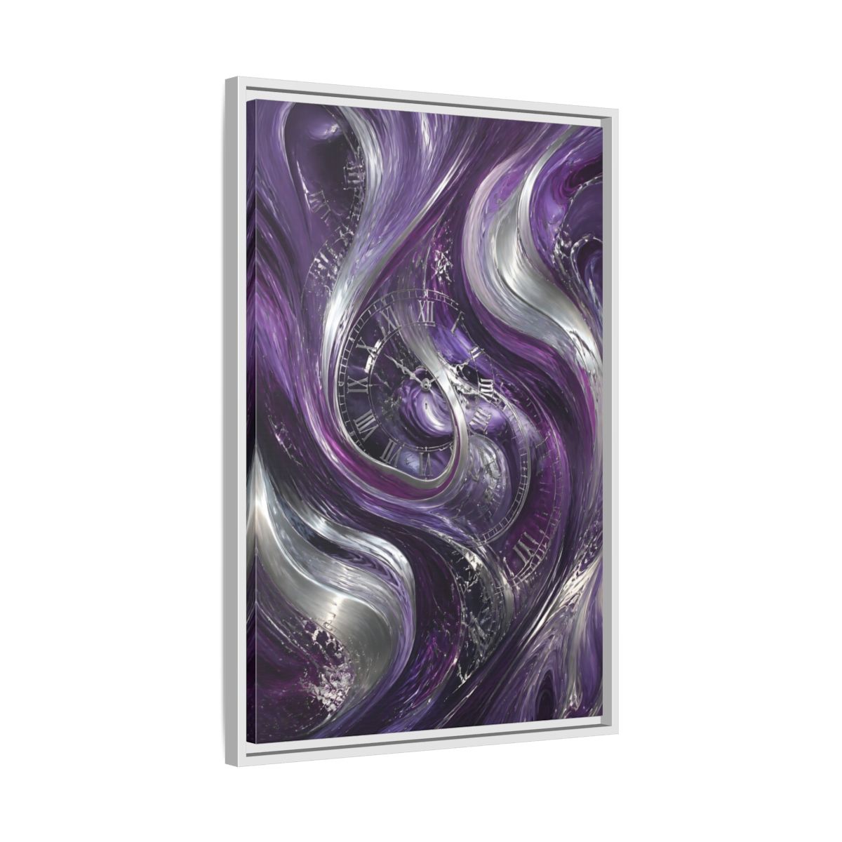 Side Mockup 10. Abstract Abstract Swirls Purple And Silver shown as stretched canvas wall art