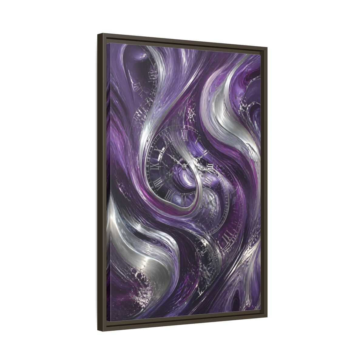 Side Mockup 11. Abstract Abstract Swirls Purple And Silver shown as stretched canvas wall art