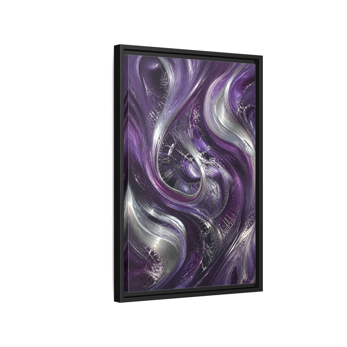 Side Mockup 3. Abstract Abstract Swirls Purple And Silver shown as stretched canvas wall art