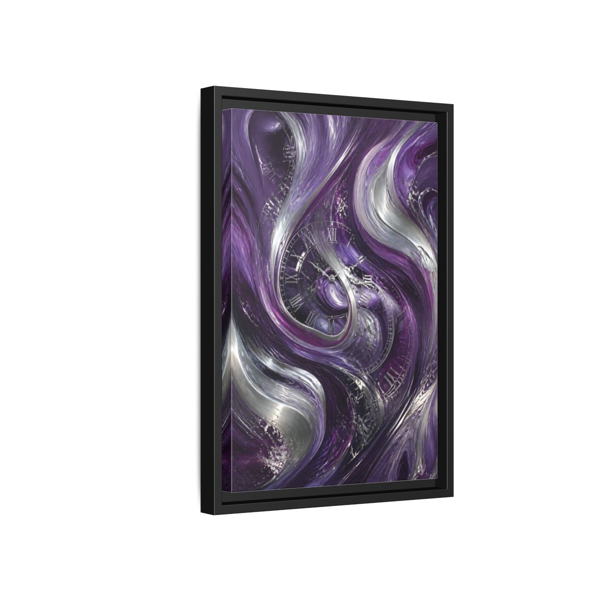 Side Mockup 6. Abstract Abstract Swirls Purple And Silver shown as stretched canvas wall art