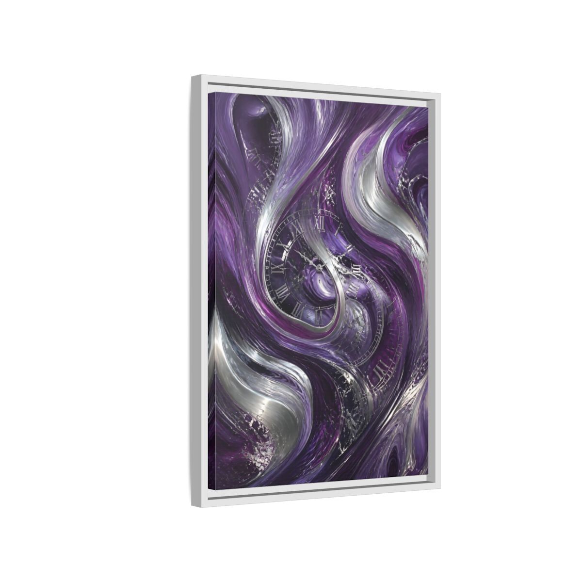 Side Mockup 1. Abstract Abstract Swirls Purple And Silver shown as stretched canvas wall art