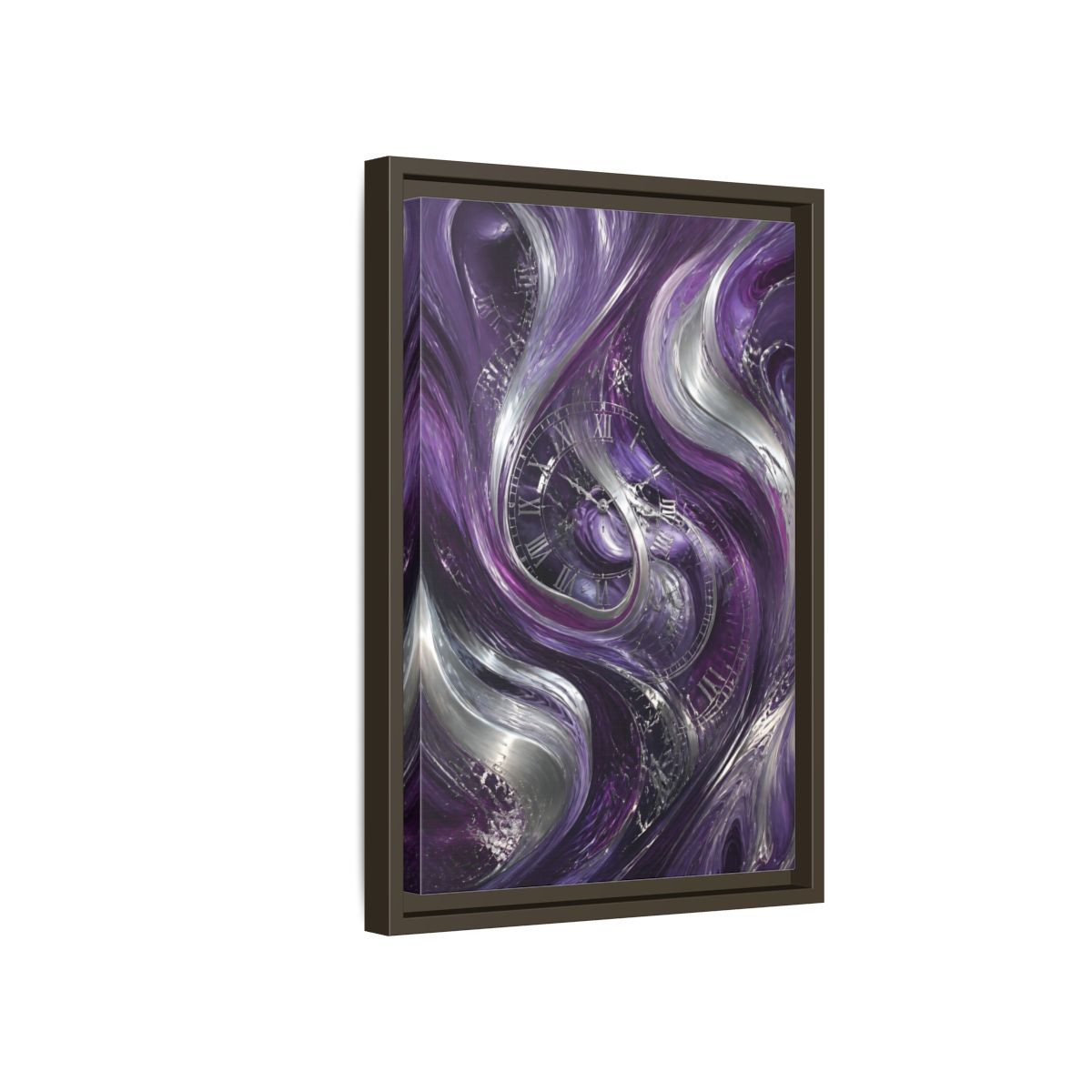 Side Mockup 5. Abstract Abstract Swirls Purple And Silver shown as stretched canvas wall art