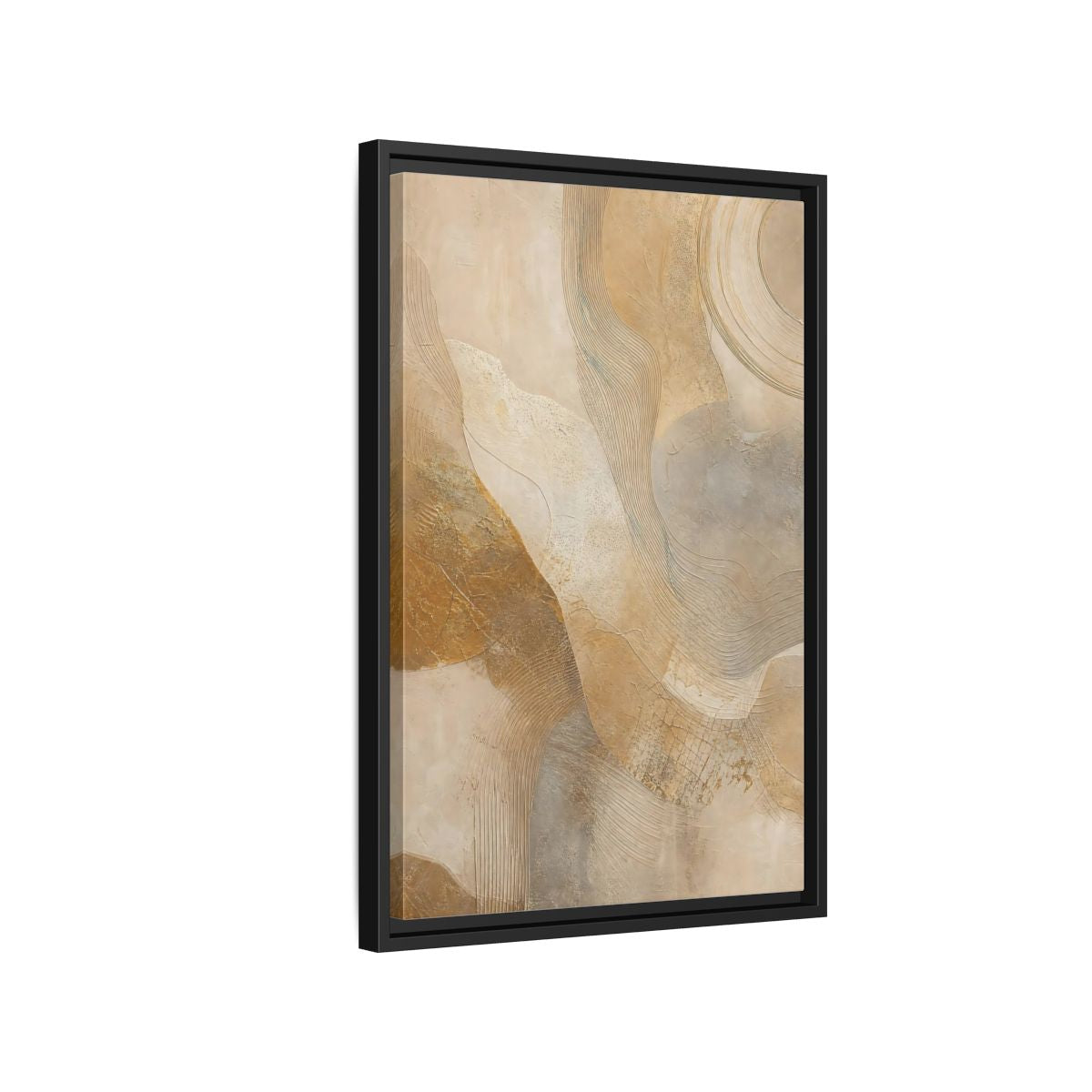 Side Mockup 3. Abstract Abstract Texture Beige And Gold shown as stretched canvas wall art