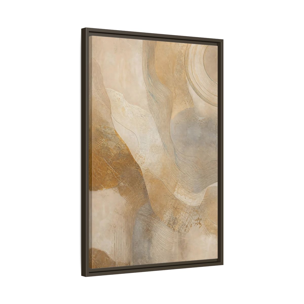 Side Mockup 11. Abstract Abstract Texture Beige And Gold shown as stretched canvas wall art