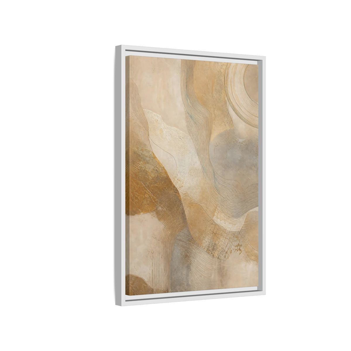 Side Mockup 1. Abstract Abstract Texture Beige And Gold shown as stretched canvas wall art