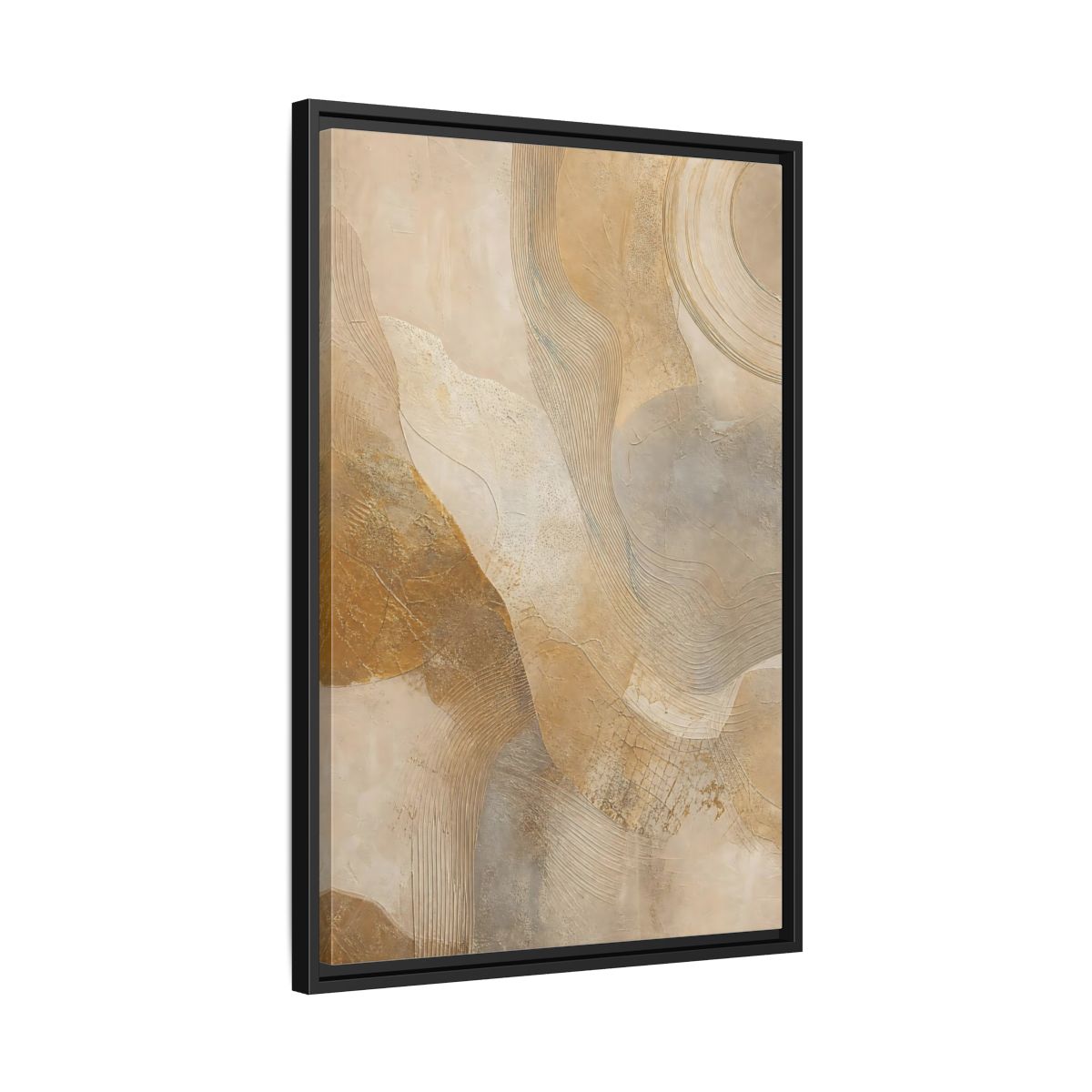 Side Mockup 14. Abstract Abstract Texture Beige And Gold shown as stretched canvas wall art