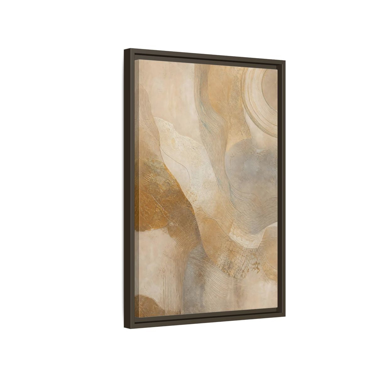 Side Mockup 2. Abstract Abstract Texture Beige And Gold shown as stretched canvas wall art