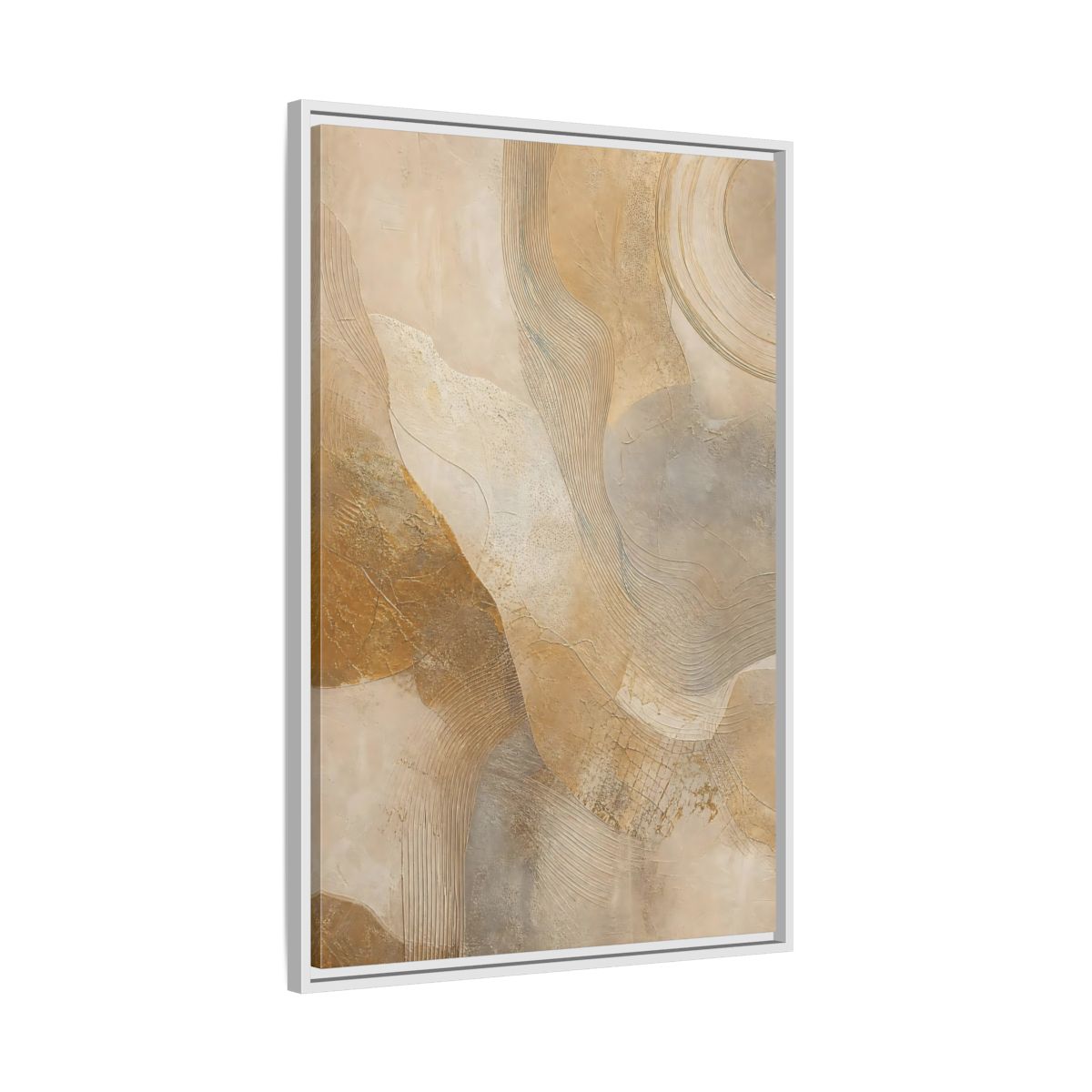Side Mockup 9. Abstract Abstract Texture Beige And Gold shown as stretched canvas wall art