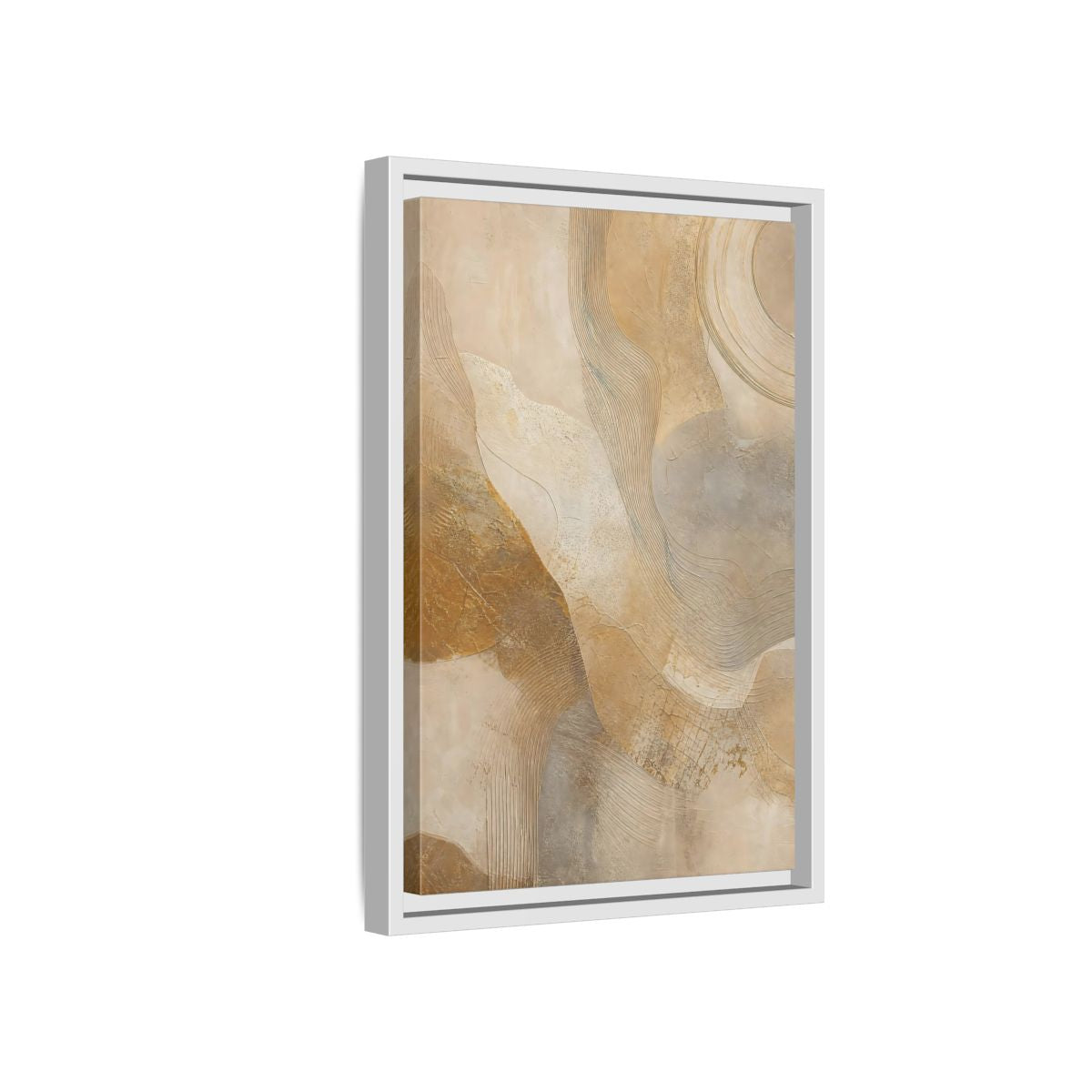 Side Mockup 4. Abstract Abstract Texture Beige And Gold shown as stretched canvas wall art