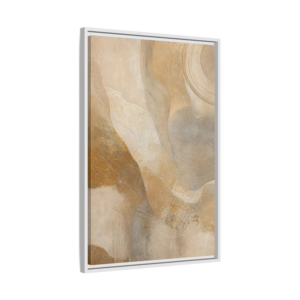 Side Mockup 10. Abstract Abstract Texture Beige And Gold shown as stretched canvas wall art