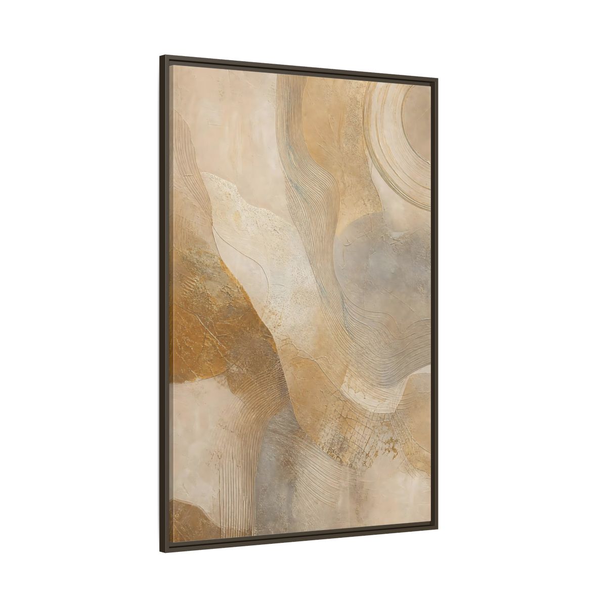 Side Mockup 8. Abstract Abstract Texture Beige And Gold shown as stretched canvas wall art