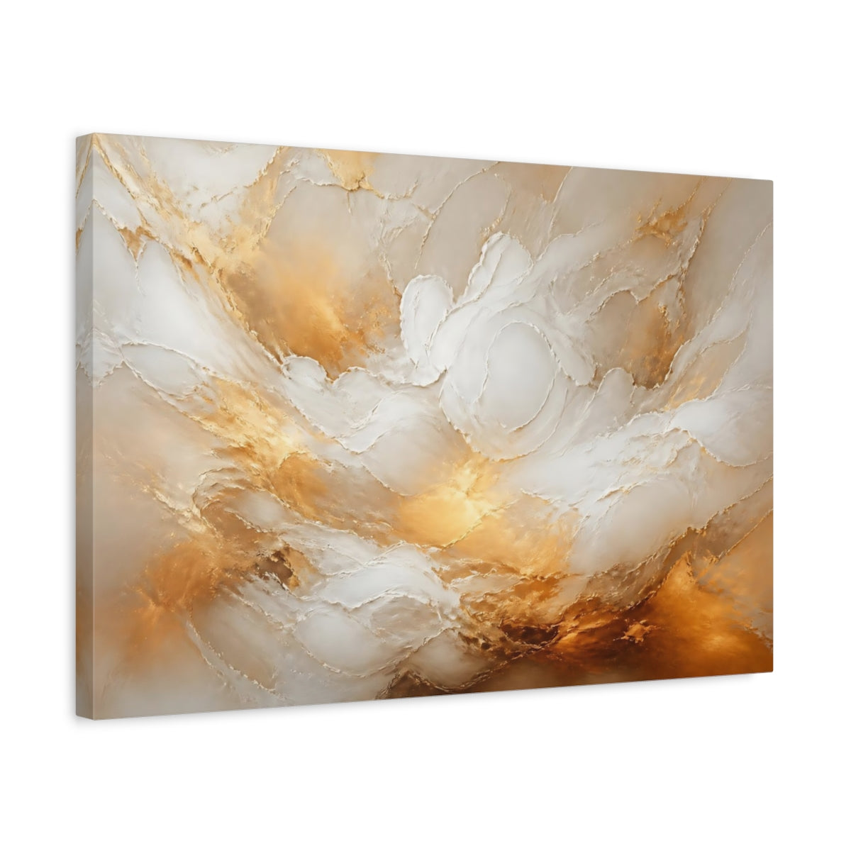Side Mockup 3. Abstract Abstract Texture Gold And White shown as stretched canvas wall art