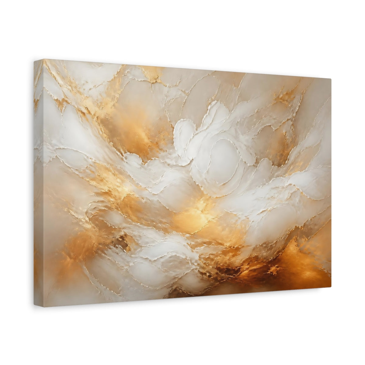 Side Mockup 4. Abstract Abstract Texture Gold And White shown as stretched canvas wall art