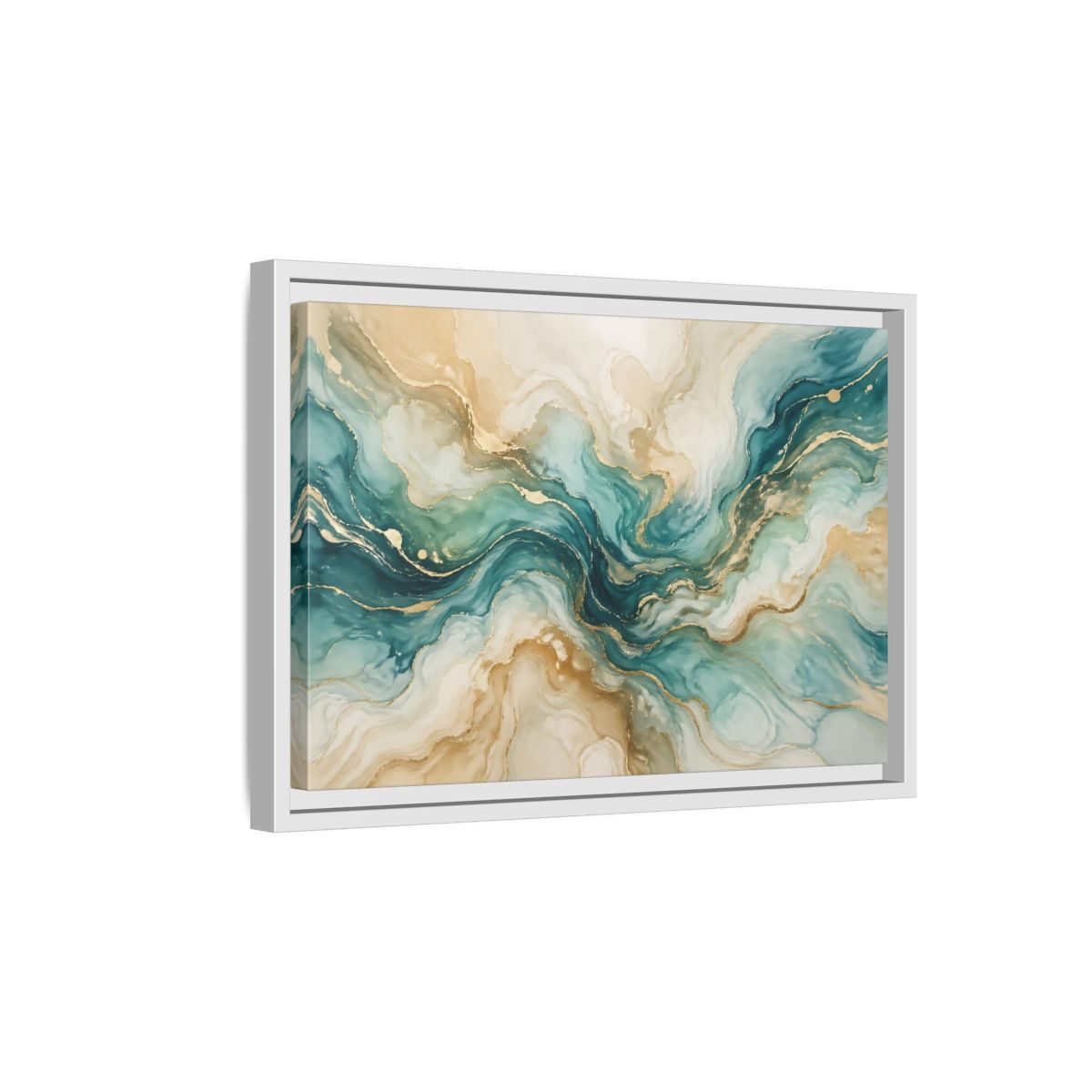 Side Mockup 4. Abstract Abstract Texture Teal Gold Abstract shown as stretched canvas wall art