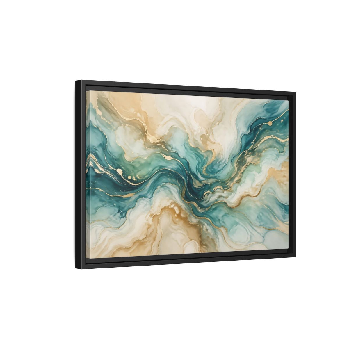 Side Mockup 3. Abstract Abstract Texture Teal Gold Abstract shown as stretched canvas wall art