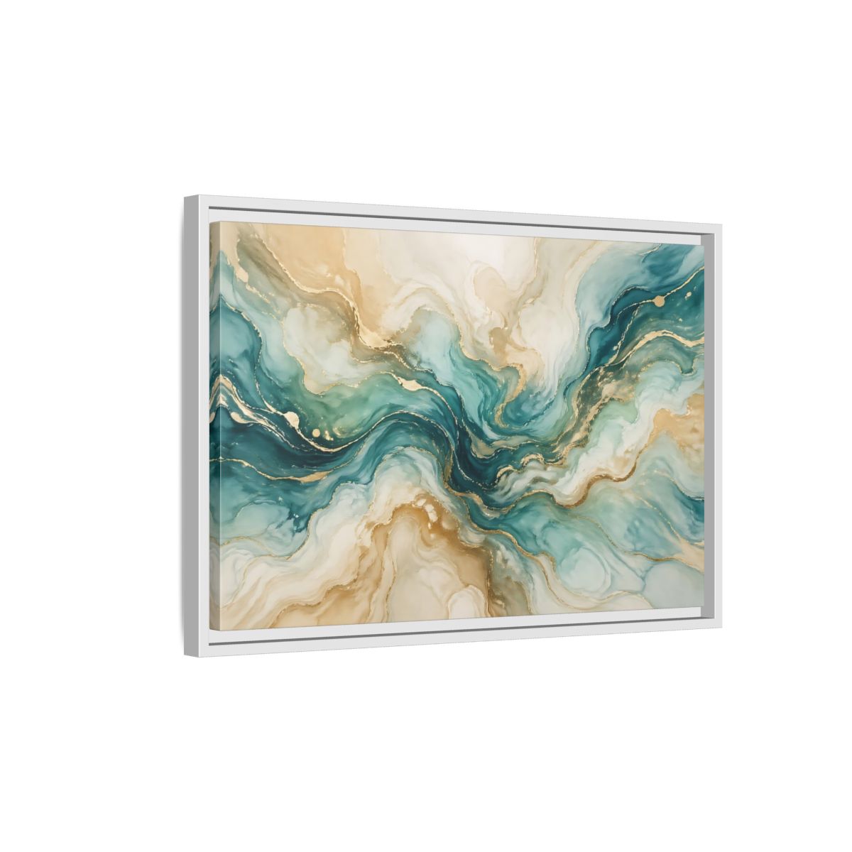 Side Mockup 1. Abstract Abstract Texture Teal Gold Abstract shown as stretched canvas wall art