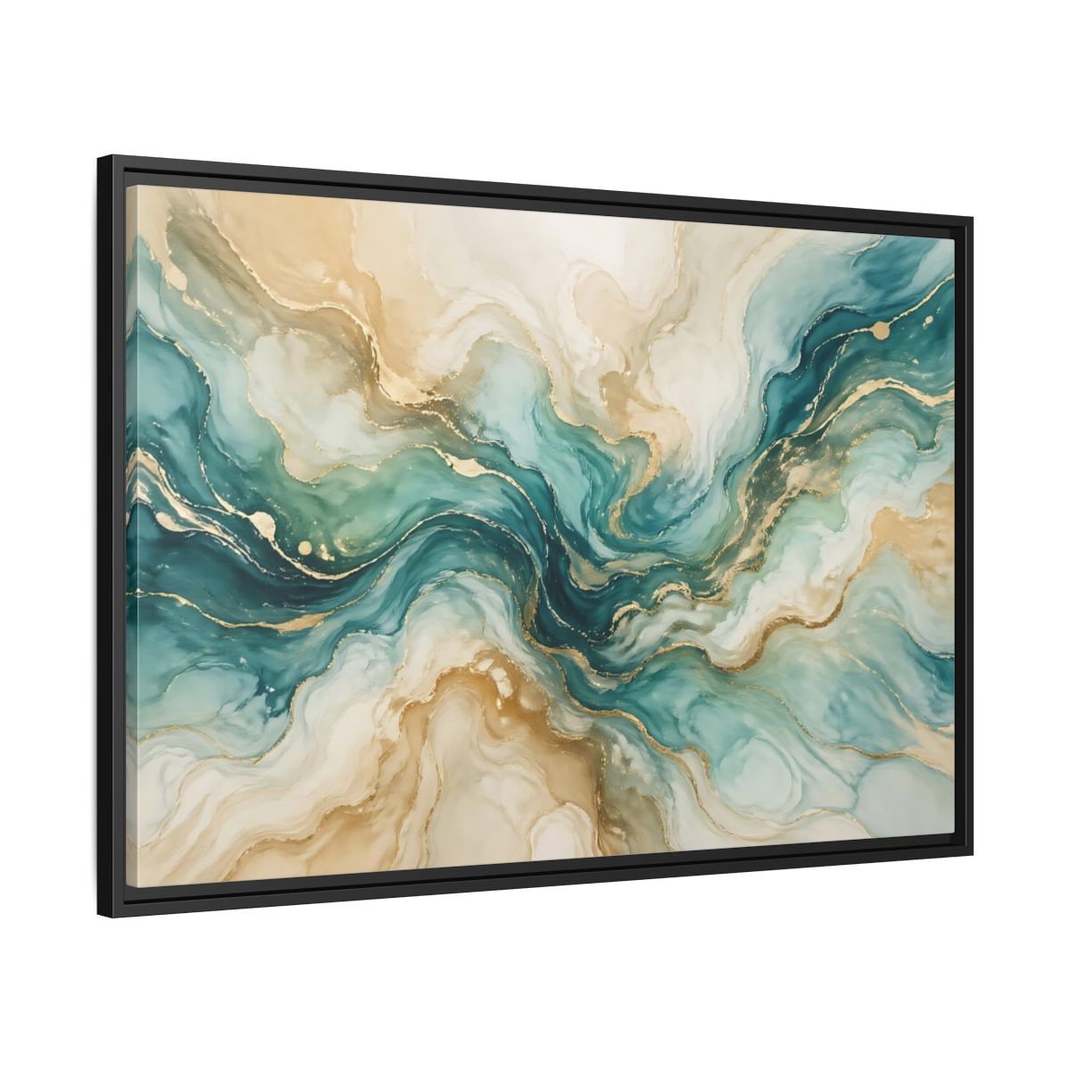 Side Mockup 13. Abstract Abstract Texture Teal Gold Abstract shown as stretched canvas wall art