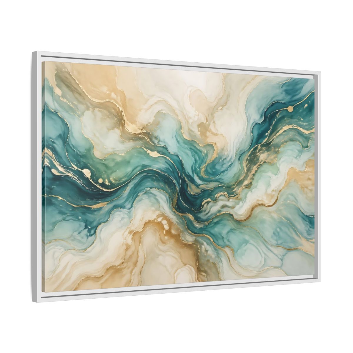 Side Mockup 9. Abstract Abstract Texture Teal Gold Abstract shown as stretched canvas wall art